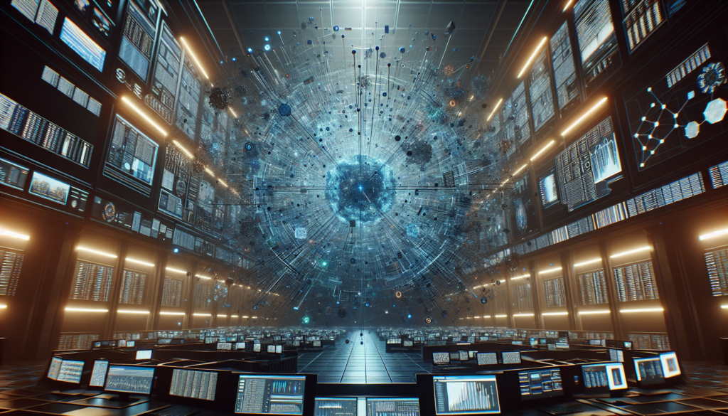 Complex digital network in a dimly lit control room symbolizing navigation challenges.