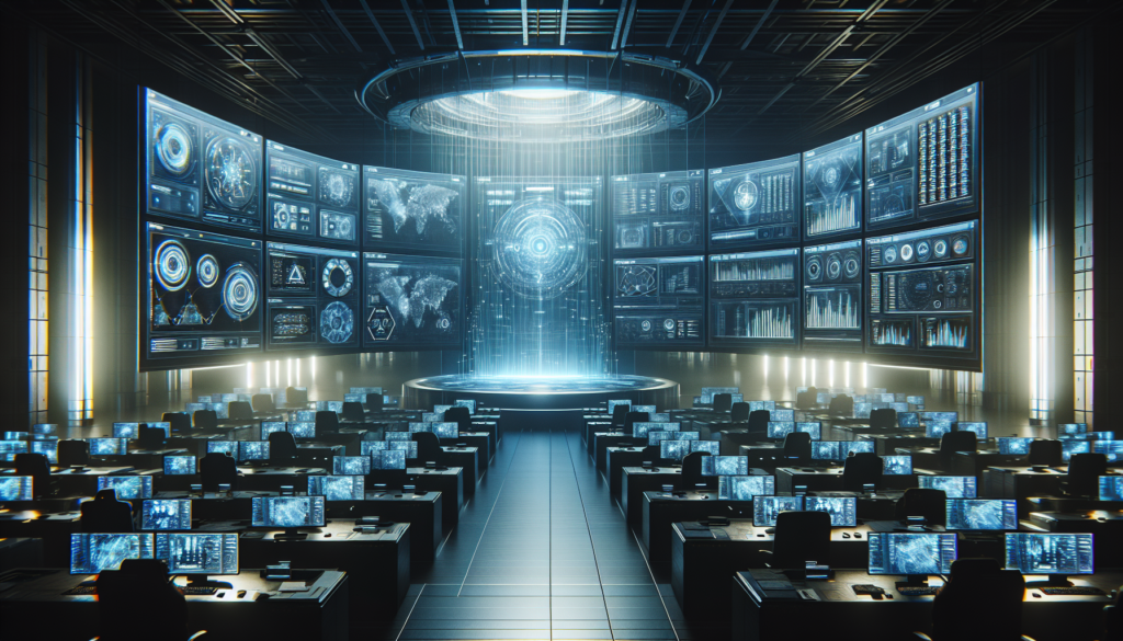 High-tech data collection facility with screens showing data analytics, dramatic lighting.