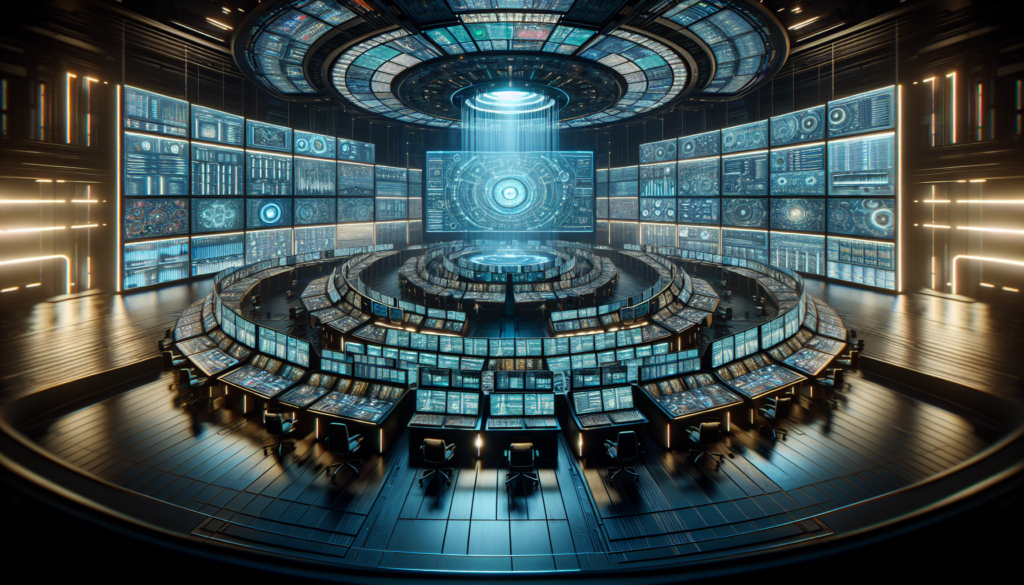 A high-tech control room with multiple screens showing data analytics.