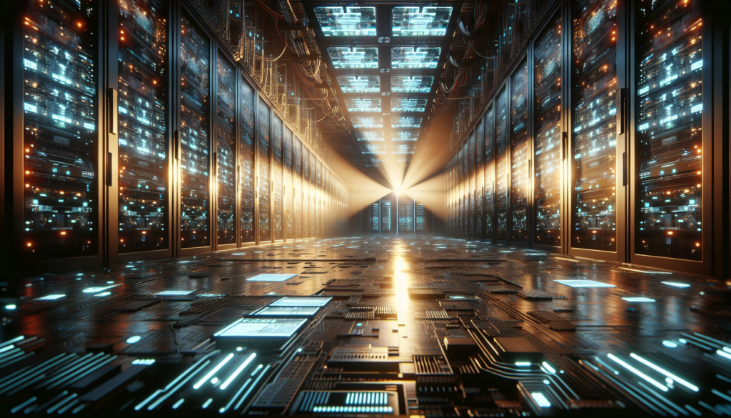 Futuristic server room with data streams and dramatic lighting.