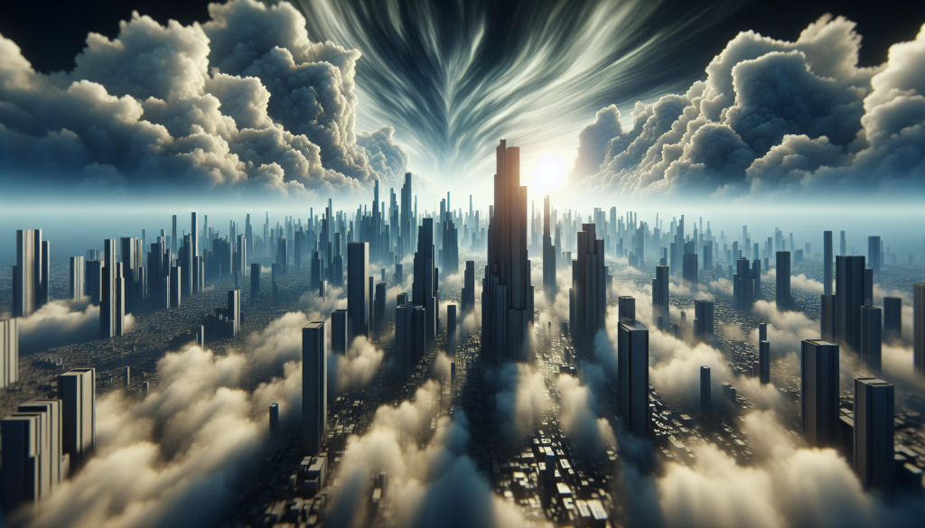 Dramatic digital skyscrapers with stormy sky and volumetric fog.