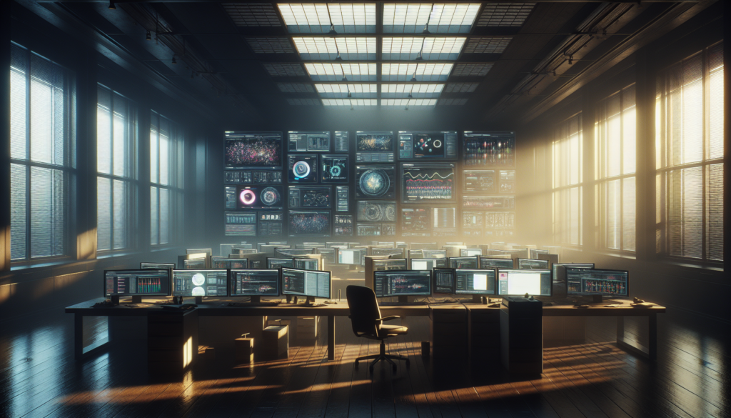 Office with computers displaying data analytics platforms, dramatic lighting.