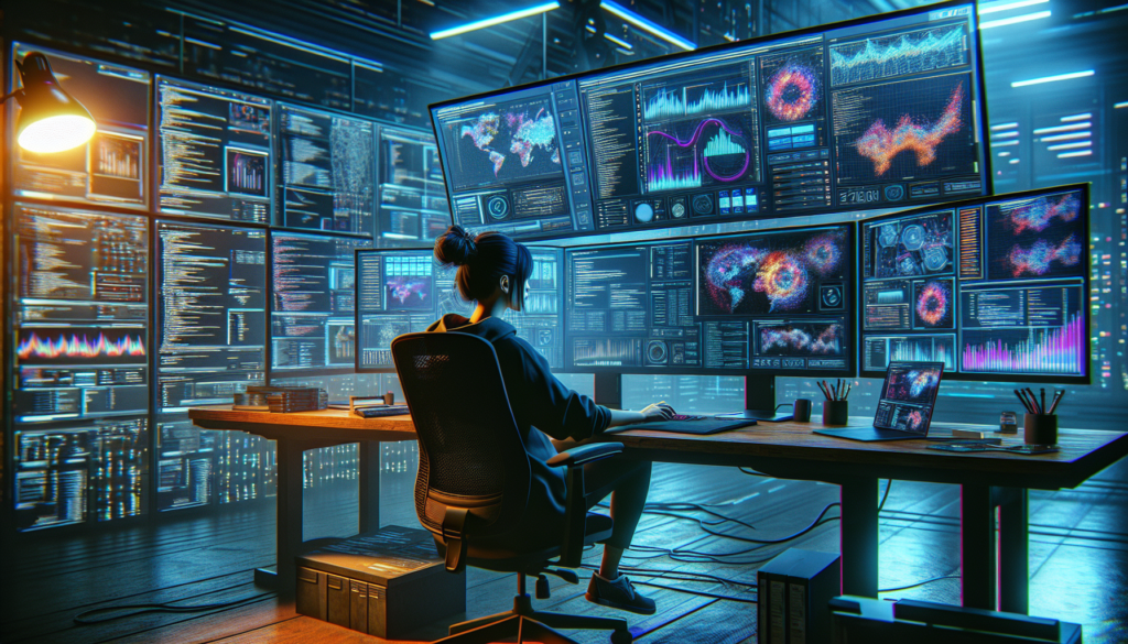 Programmer at dual monitors with code and data analytics in a dramatic setup.