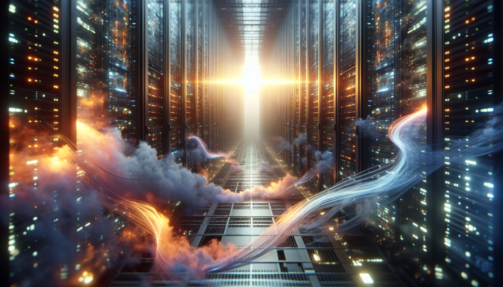 Digital landscape with server racks, data streams, dramatic lighting.