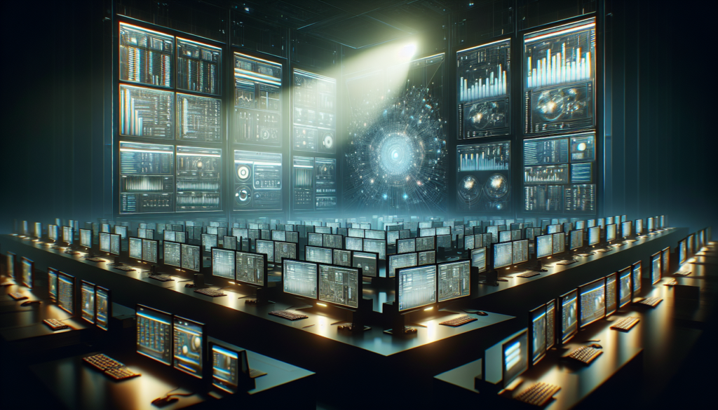 Digital workspace with Airtable tables for SEO, dramatic lighting.