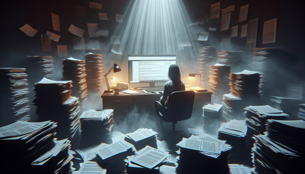 Reviewer at desk with Google documents in dramatic lighting and fog.