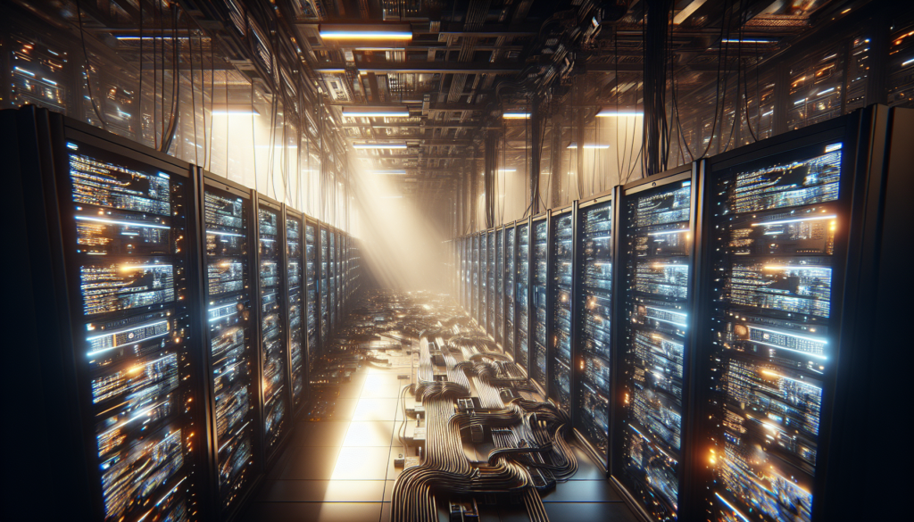 High-tech server room with dramatic lighting and fog, showcasing JavaScript code.