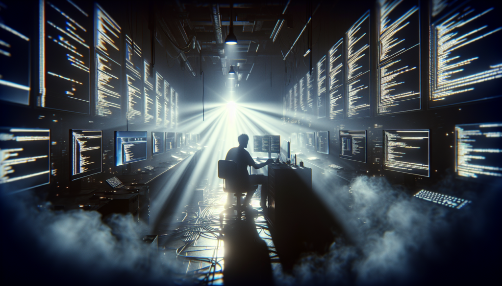 Person in dark room with computer screens showing code, dramatic lighting.