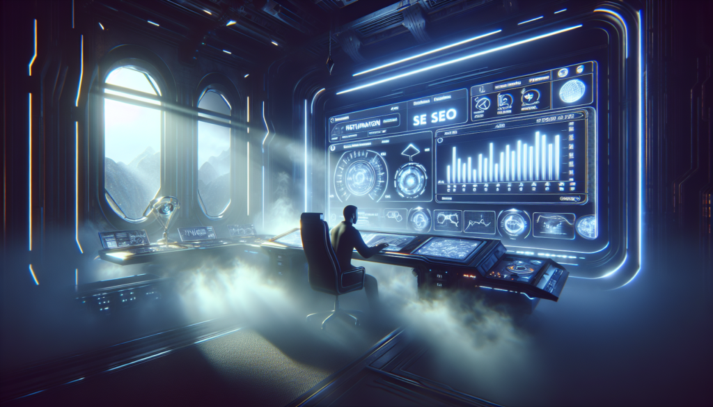Futuristic console with SEO metrics on holographic screens and person analyzing data.