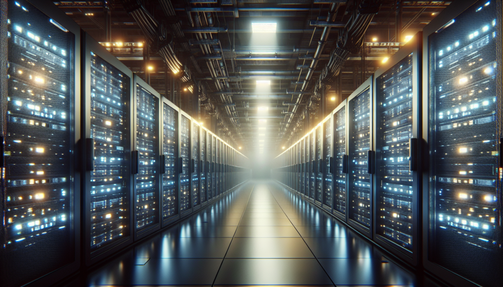 High-tech data center with server racks, dramatic lighting, fog.
