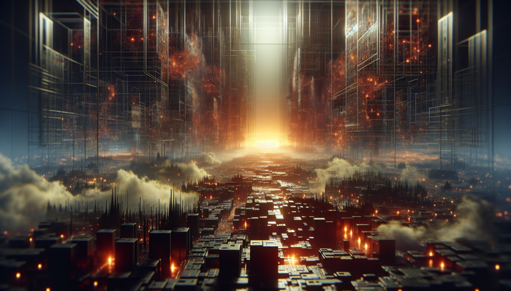 High-contrast digital landscape with interconnected databases, reflecting scaled content abuse.