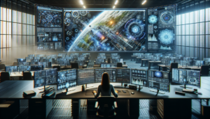 Developer working on SEO software in a high-tech office with modern design and digital overlays.