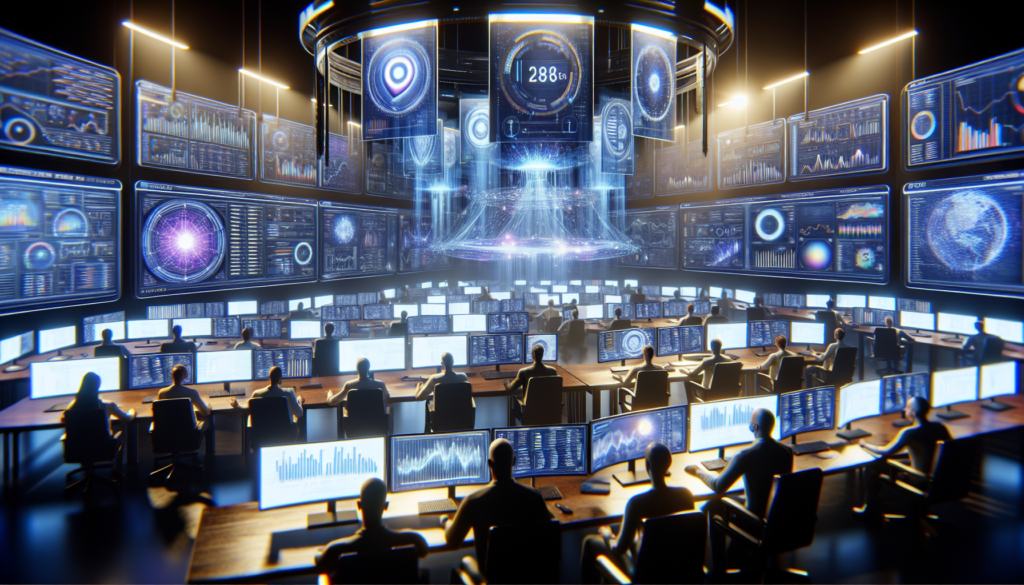 High-tech workspace with screens displaying SEO metrics and analysts working.