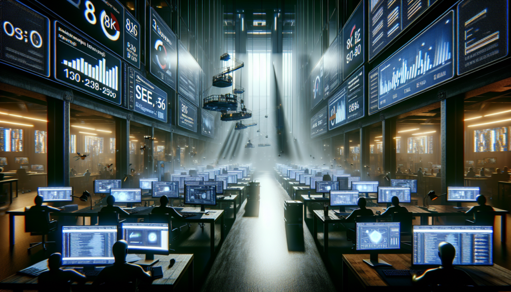 Digital workspace with screens showing SEO metrics, dramatic lighting, cinematic atmosphere