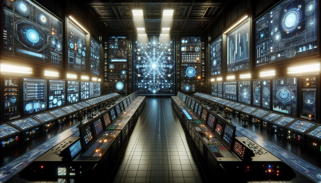 High-tech control room with digital screens representing SEO strategy.