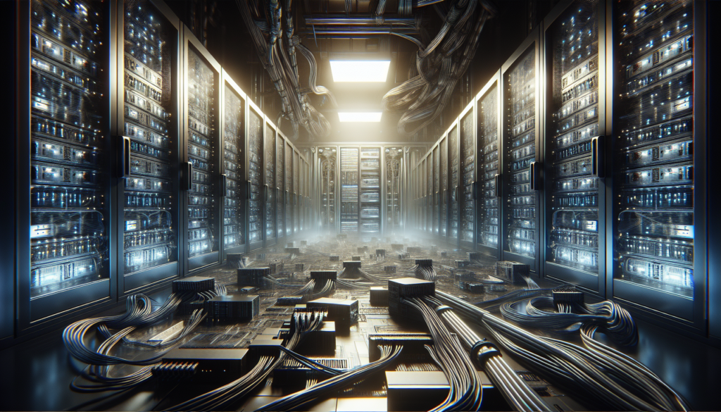 Futuristic server room with glowing servers and atmospheric fog.