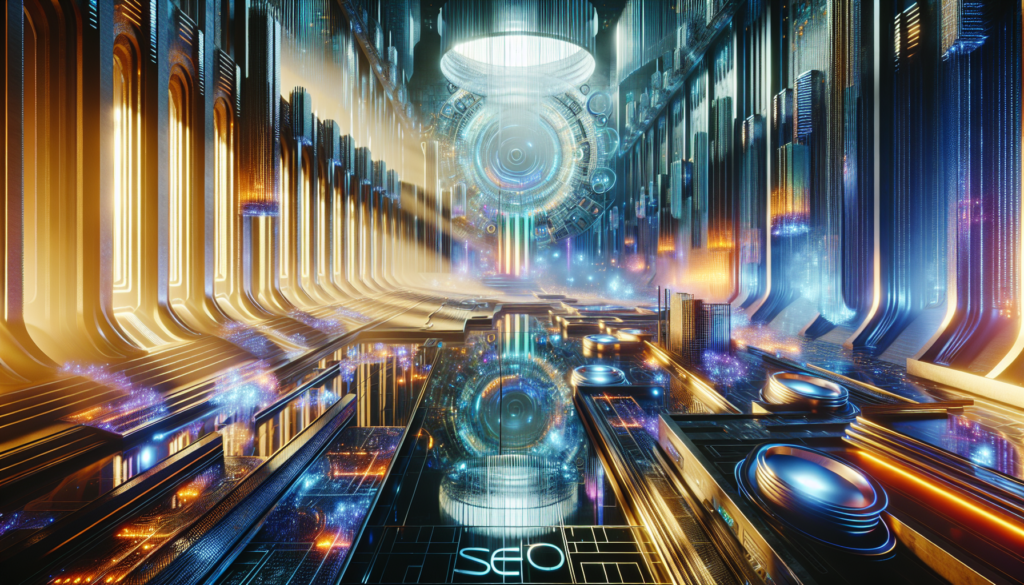 Futuristic digital architecture with holographic elements in 8k resolution.