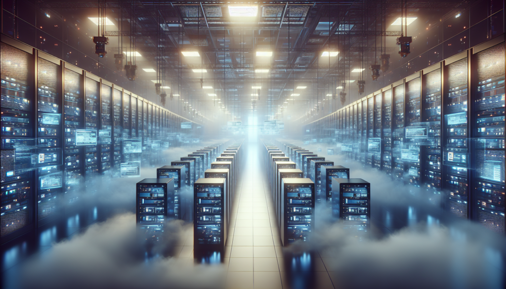Futuristic data center with glowing servers and screens in volumetric fog.