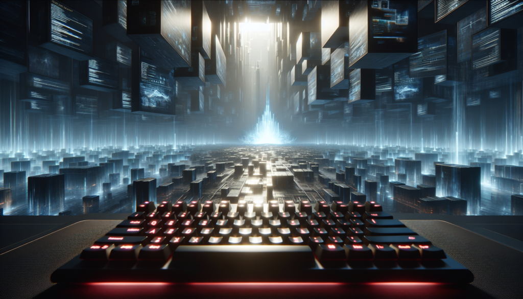 Futuristic digital landscape with glowing keyboard and code flowing.