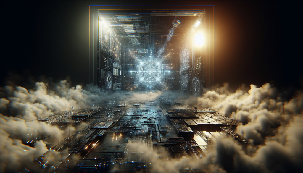 High-tech digital interface with structured data and code in a cinematic scene.