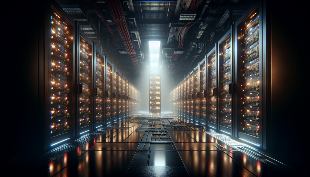 Server room with glowing racks and dramatic lighting, symbolizing data processing.