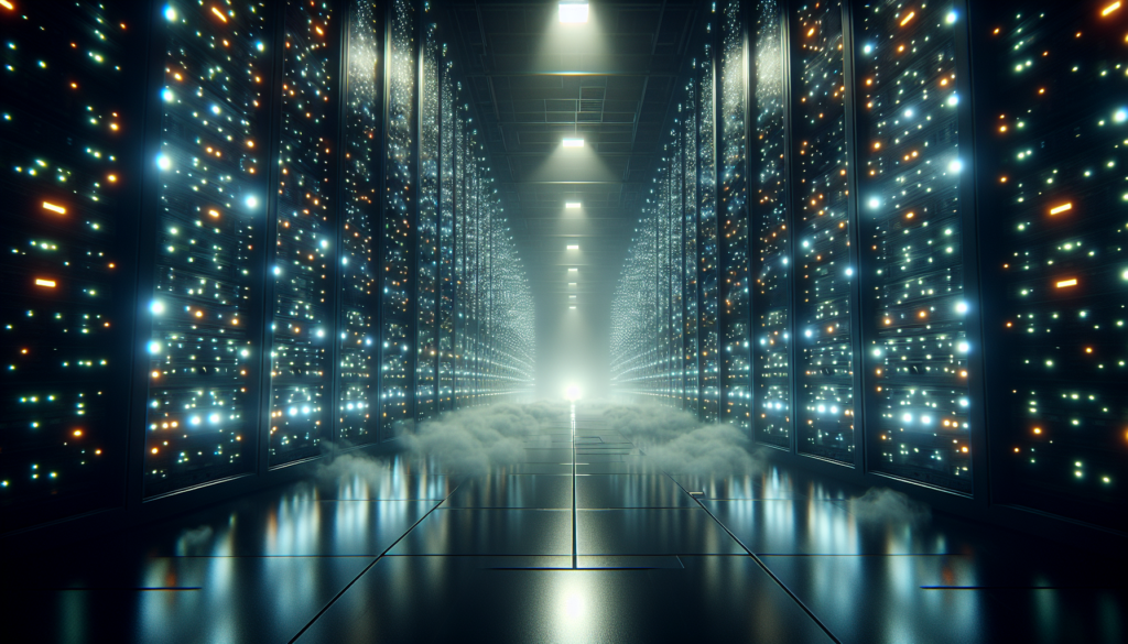 Dramatic database server room with fog and dramatic lighting.
