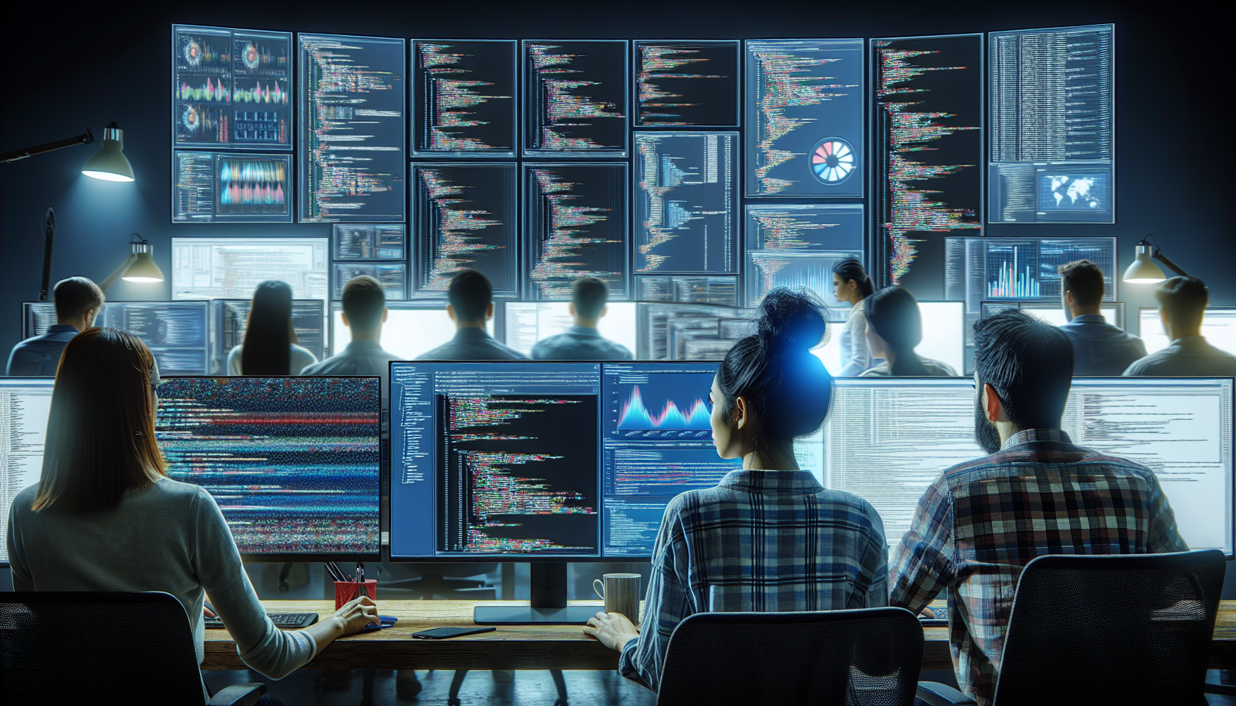 Developers examining API data on multiple monitors.
