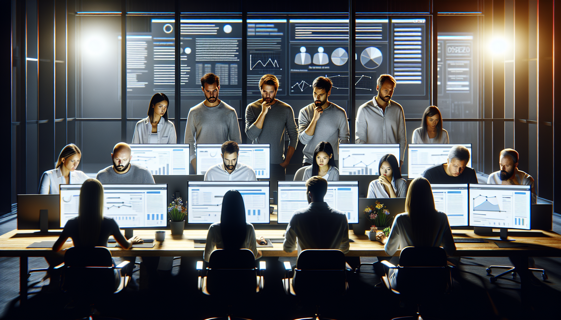 SEO experts reviewing URL structures and analytics in a modern office.