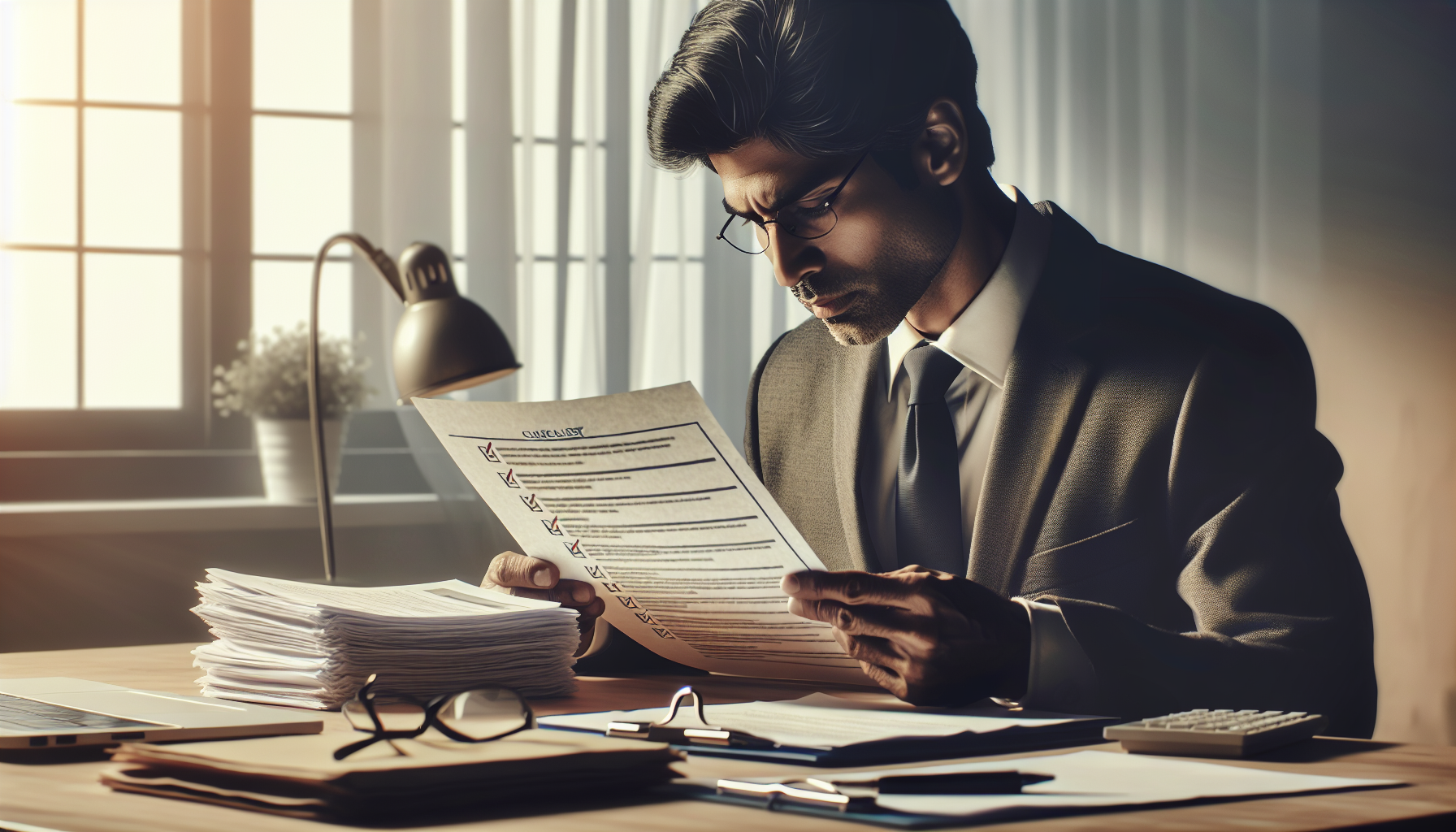 Reviewer examining checklist with documents in a professional setting.
