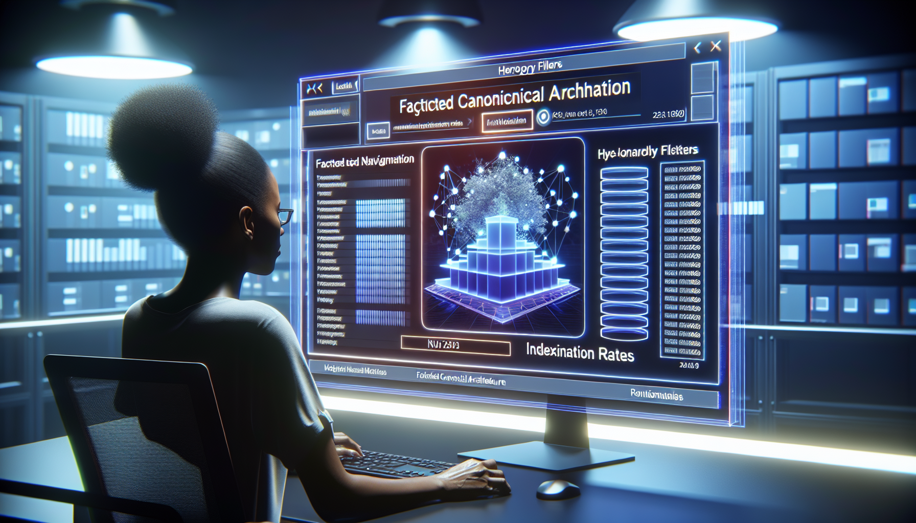 E-commerce analyst reviews faceted navigation data on a digital dashboard.