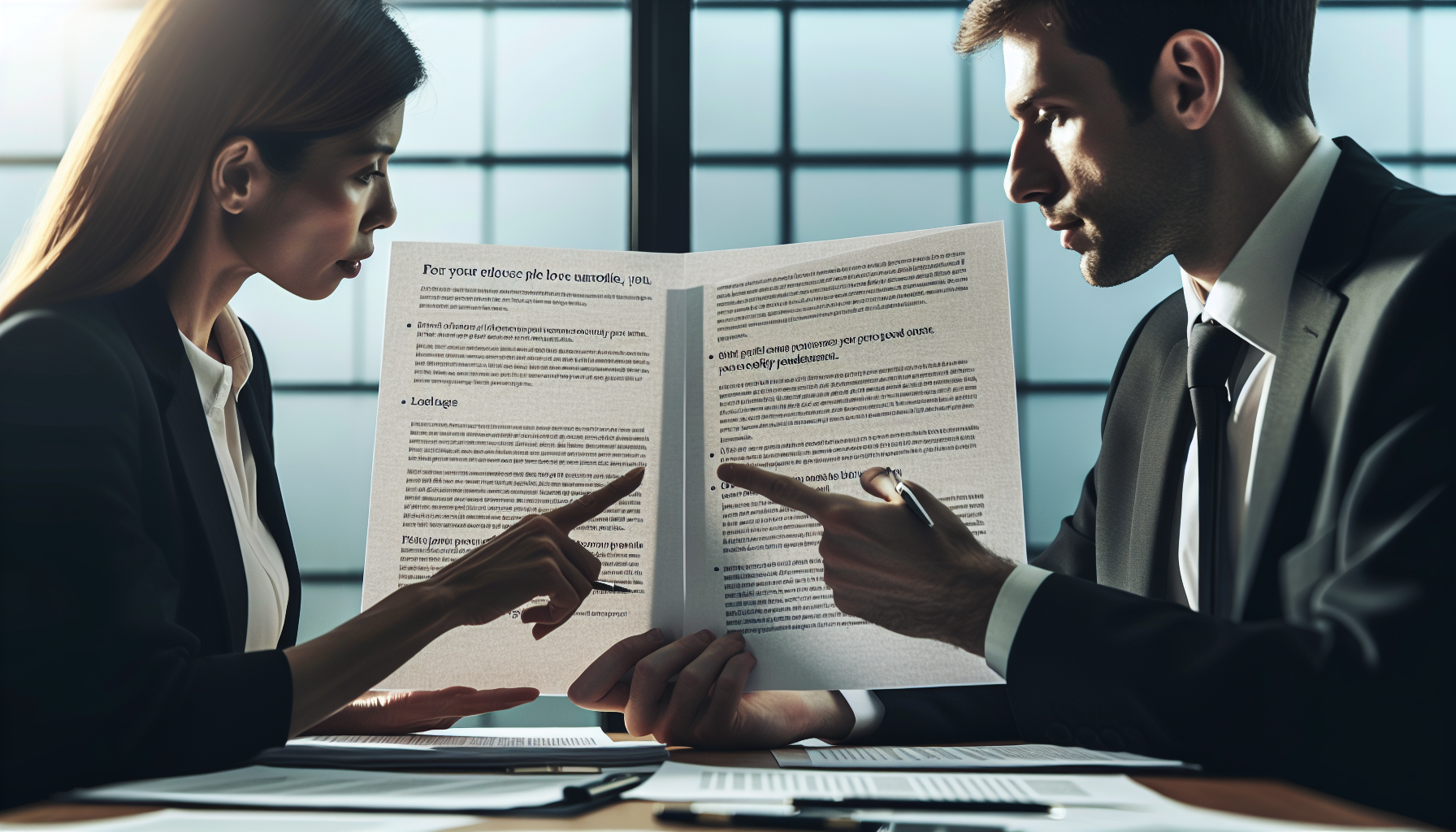 Two people discussing document errors in office setting.