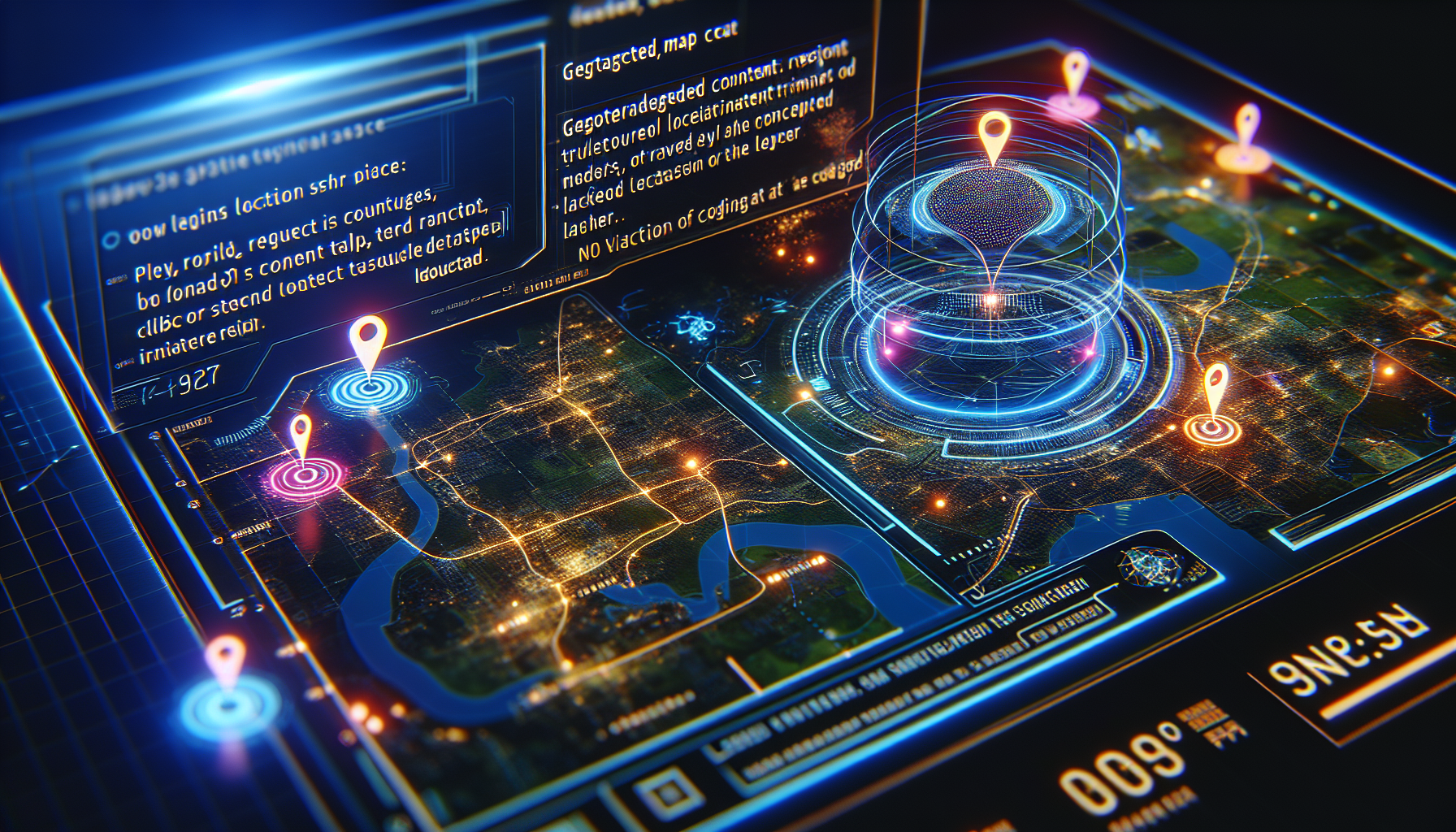 Digital map with geotarget regions and coding script overlay.