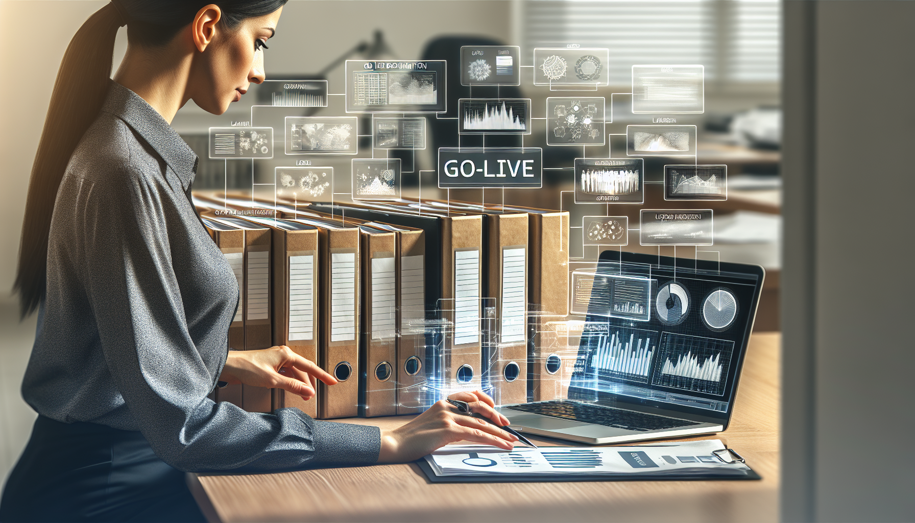 Professional organizing go-live documents with binders and laptop on desk.
