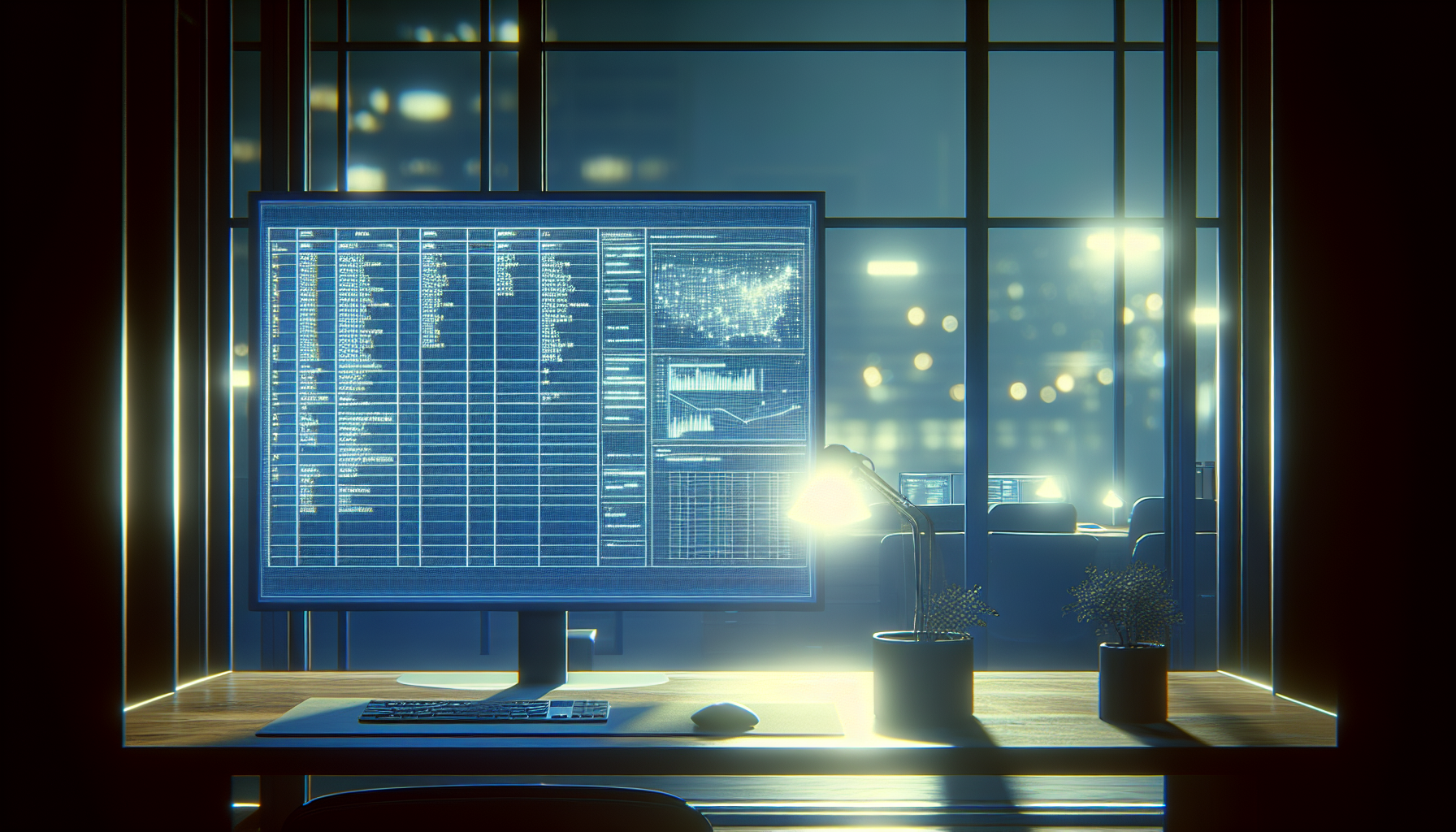 Computer screen showing data points in a softly lit office.