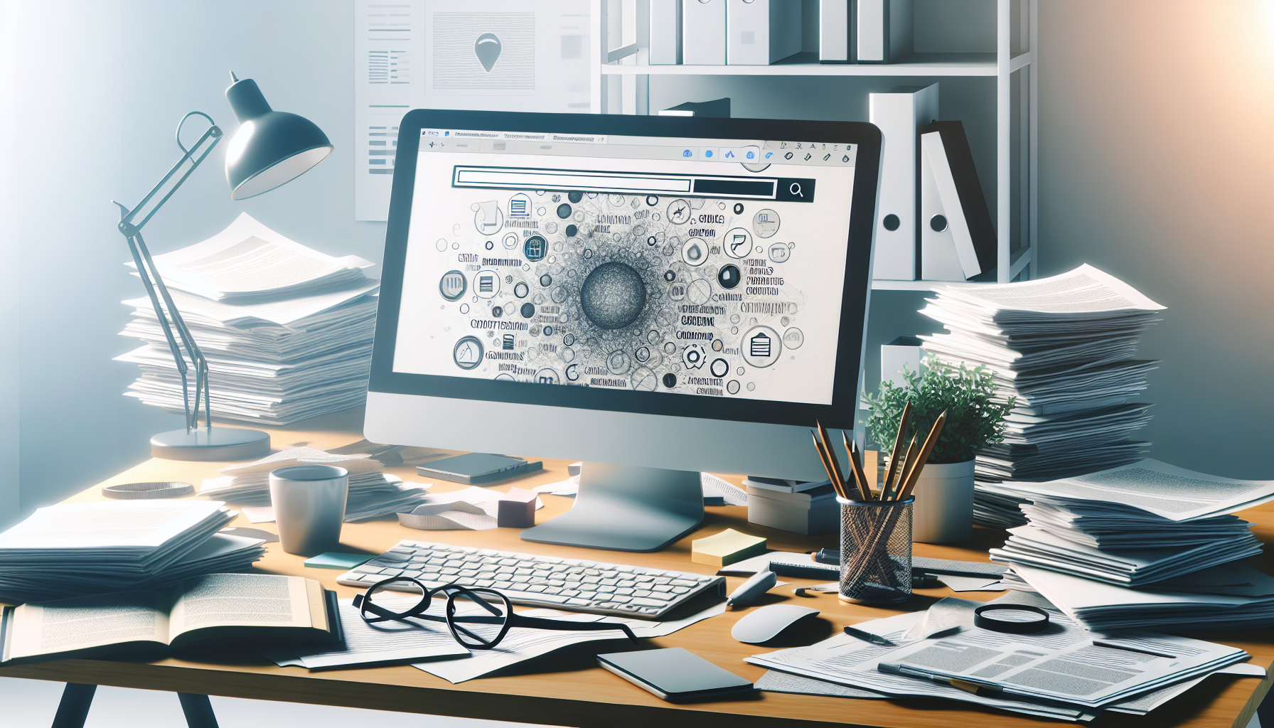 Office desk with documents and a computer showing a webpage.