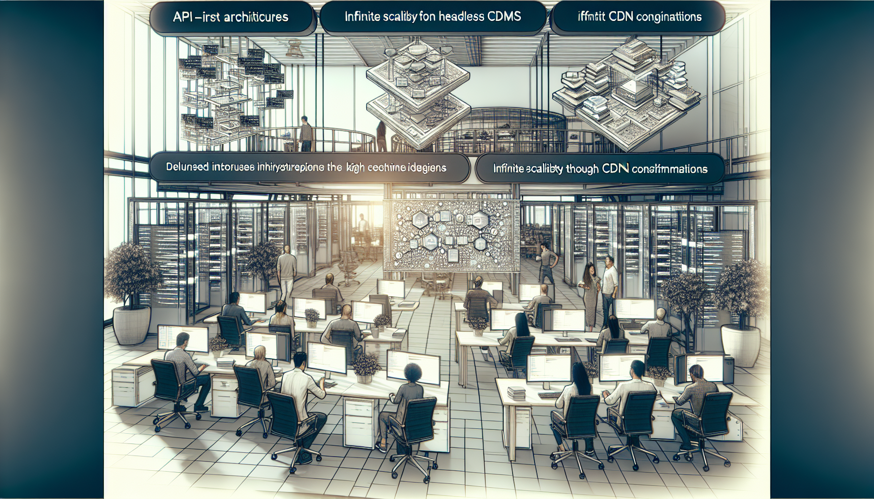 Modern office with screens showing API interfaces for headless CMS.
