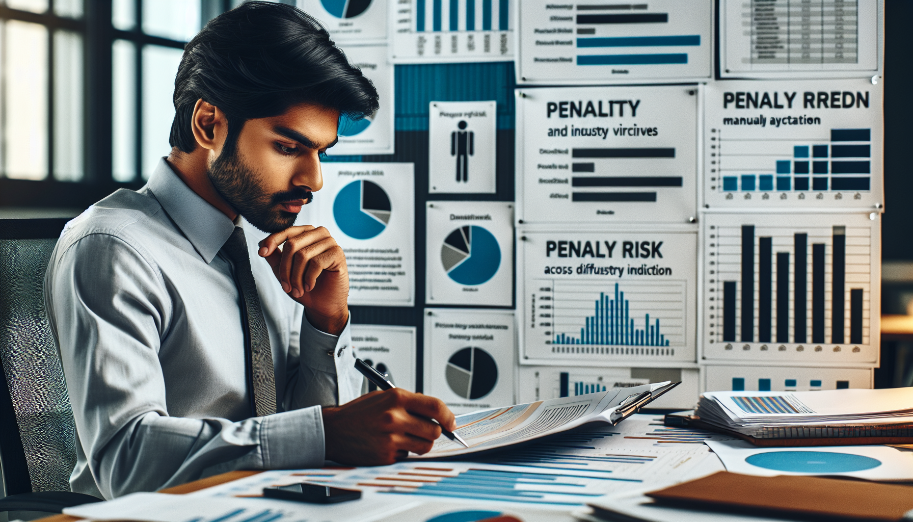 Industry analyst assessing penalty risk on chart in office.