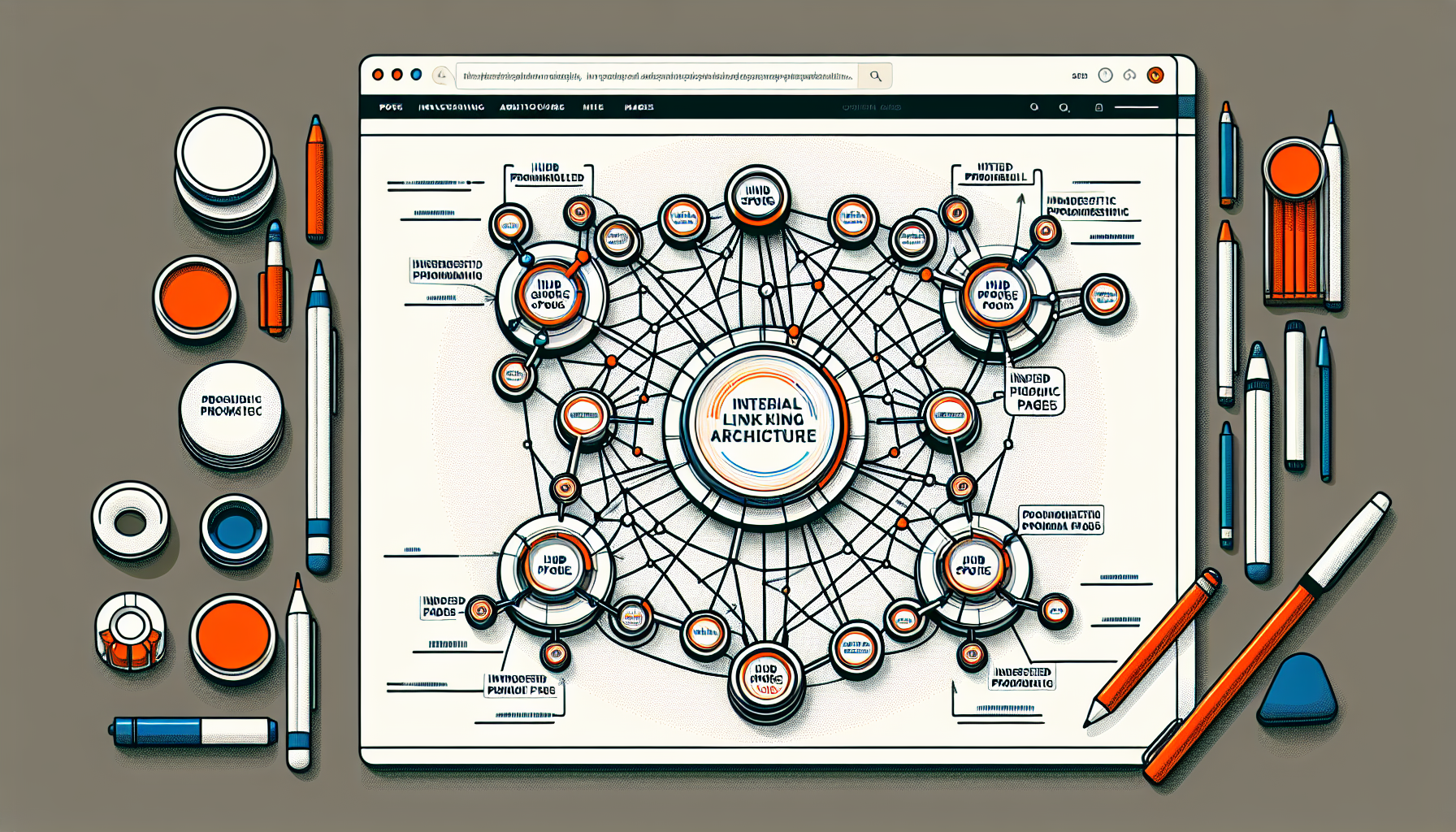 Diagram of hub-spoke internal linking architecture with nodes.