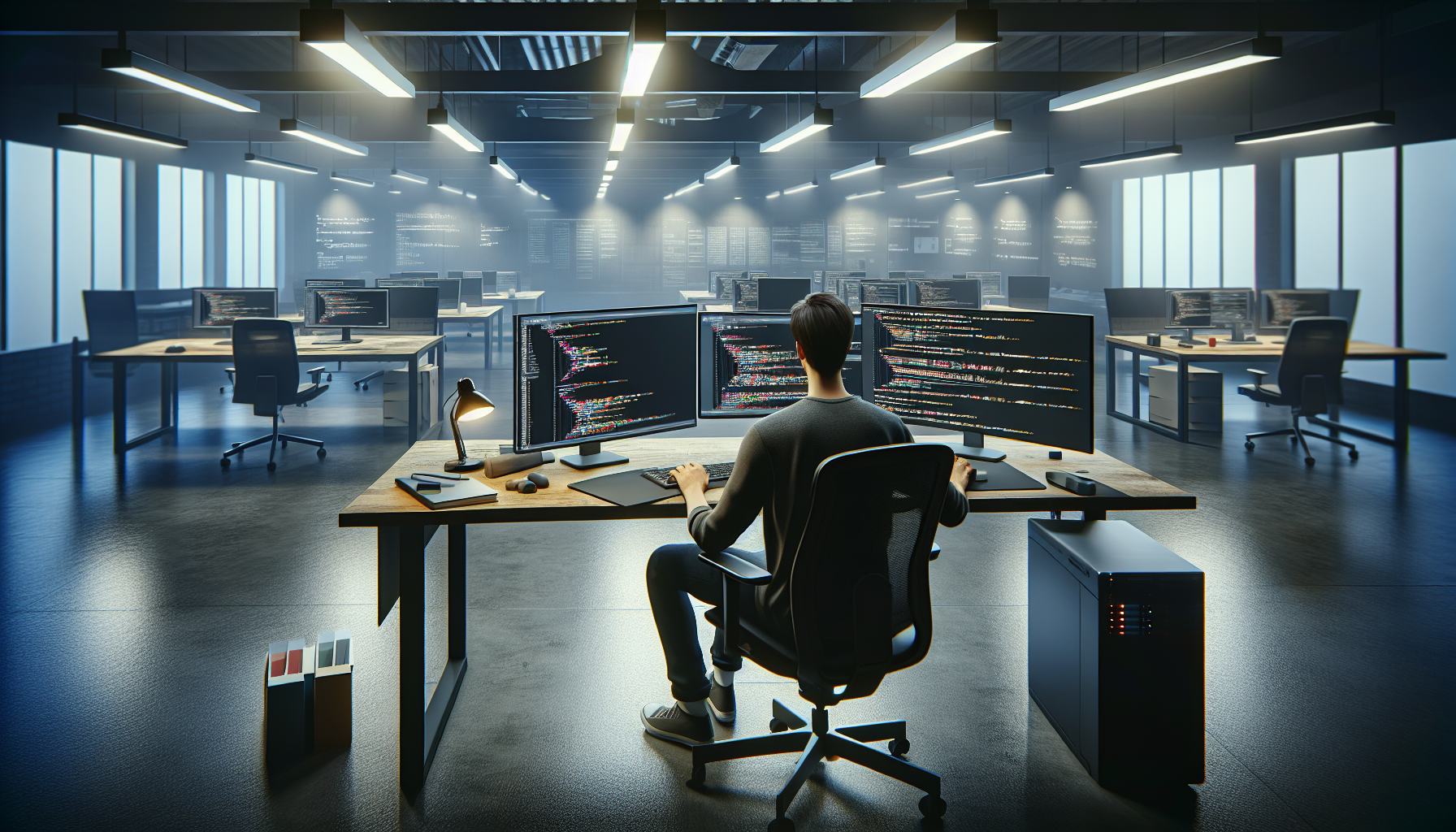 Developer working on JavaScript rendering code on monitors.