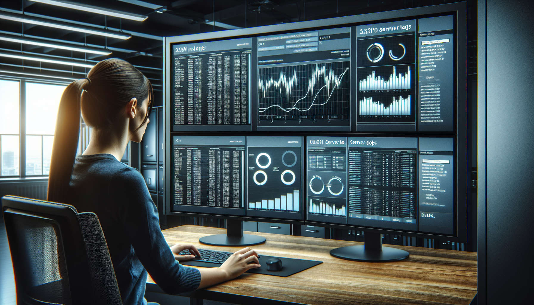 IT professional analyzing server logs on monitors.