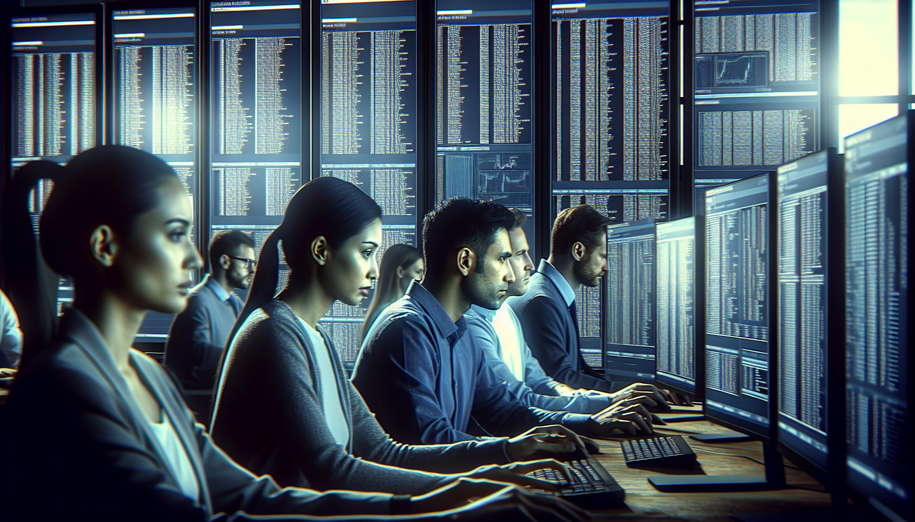 Analysts reviewing database records in a dim office.