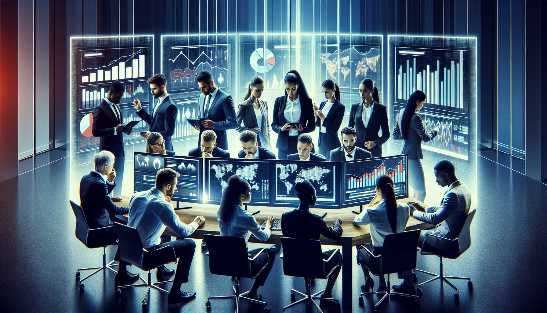 Professionals analyzing market data on digital displays.