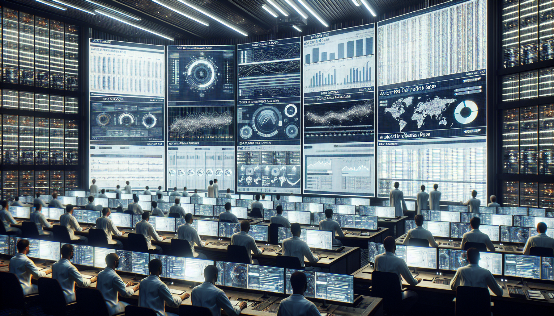 Technicians in control room monitoring GSC data on large screens.
