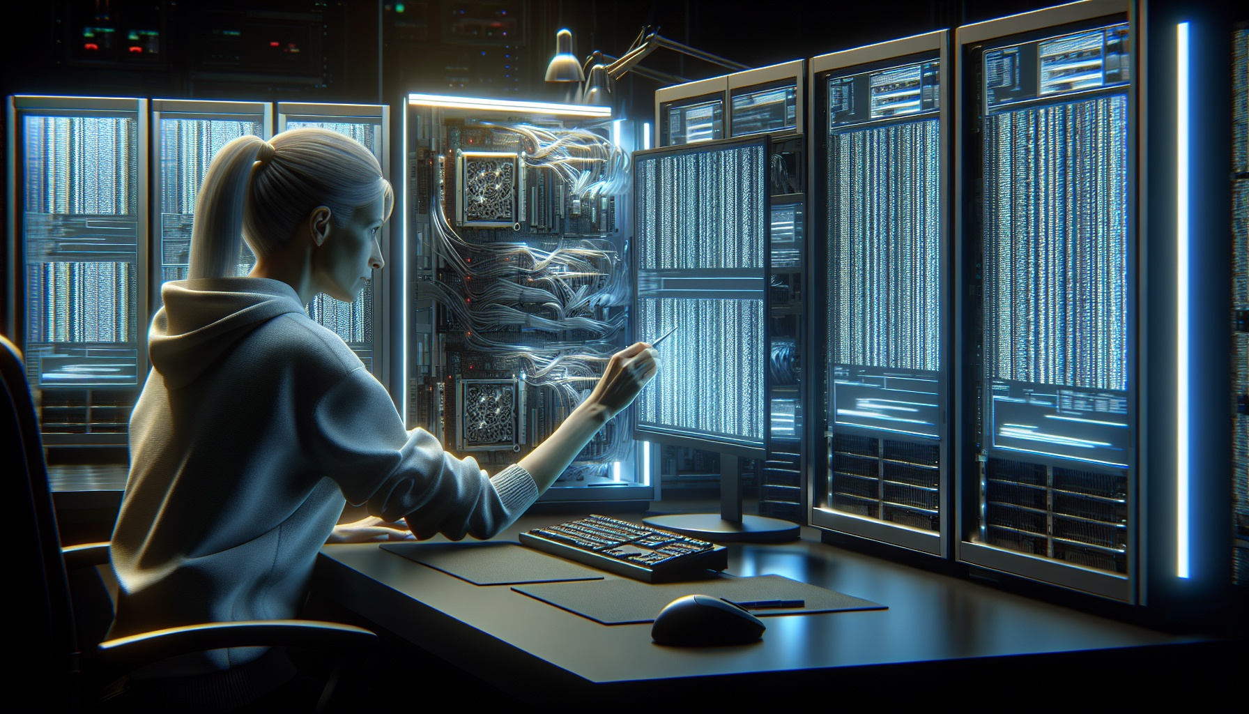 Technician adjusting memory settings on a computer in a modern office.