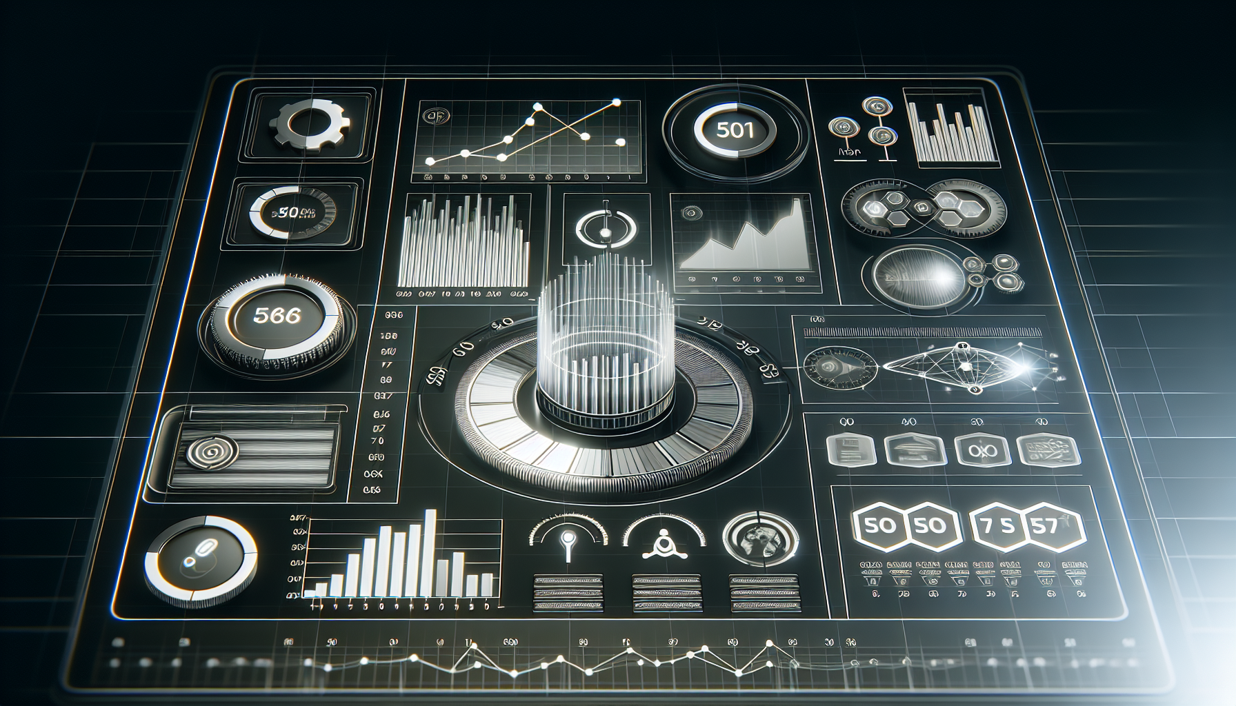 Digital dashboard showing indexation, traffic, conversion metrics for SEO