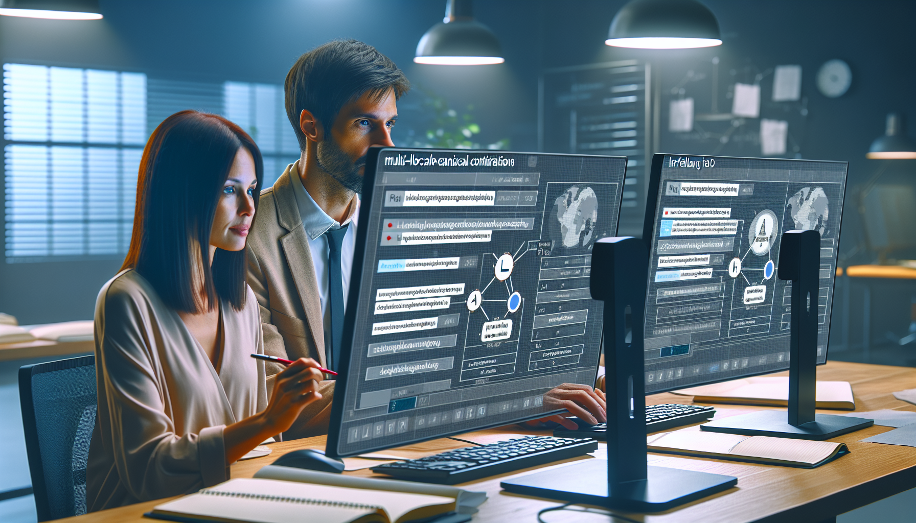 Linguist and SEO specialist manage canonical configurations on dual monitors.