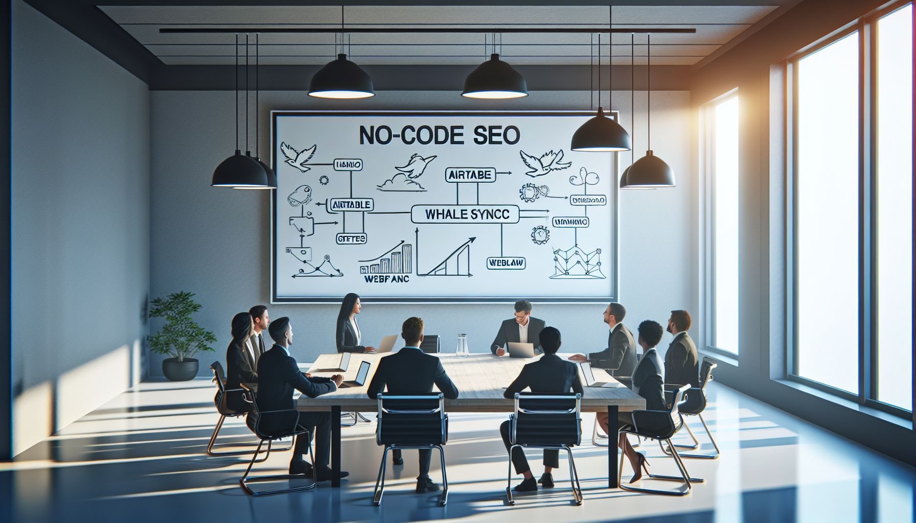 Entrepreneurs discussing no-code SEO strategies in a meeting room with a whiteboard.