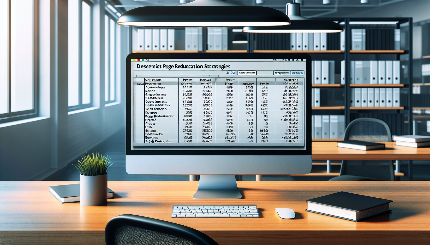 Spreadsheet with page reduction strategies on a computer screen.