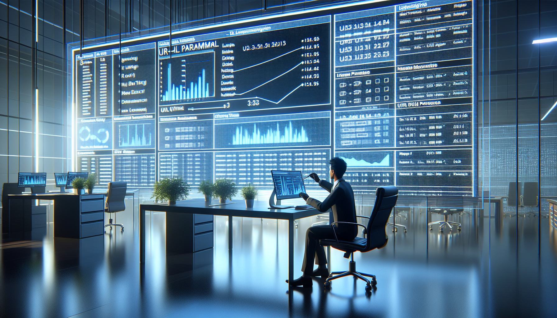 Digital strategist examines URL parameter charts on a large screen.
