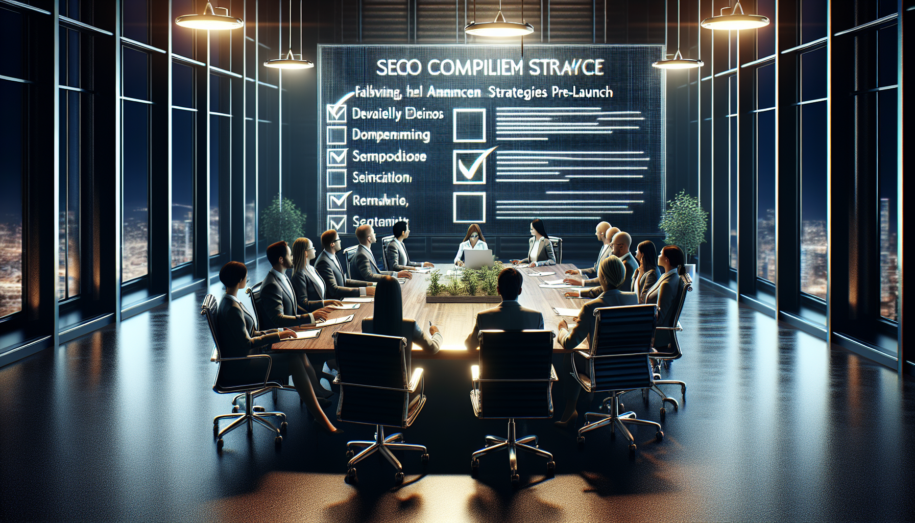 Professionals reviewing SEO compliance checklist on a screen in an office.
